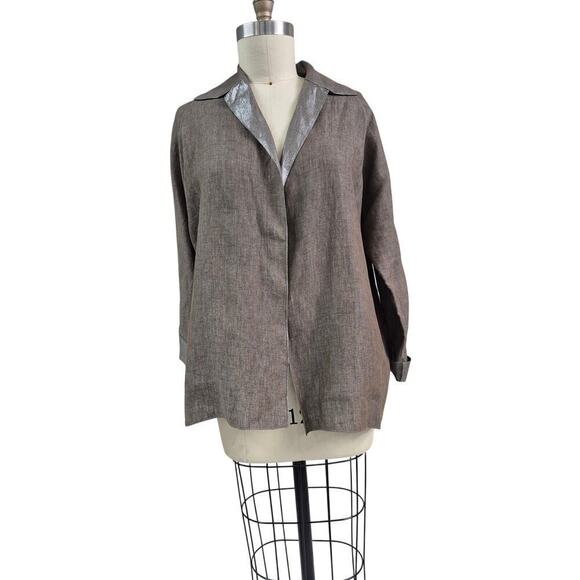 Shamask Sz 1 Bergdorf Goodman Linen Bronze Metallic Shirt Open Front Jacket S/M - Picture 2 of 8